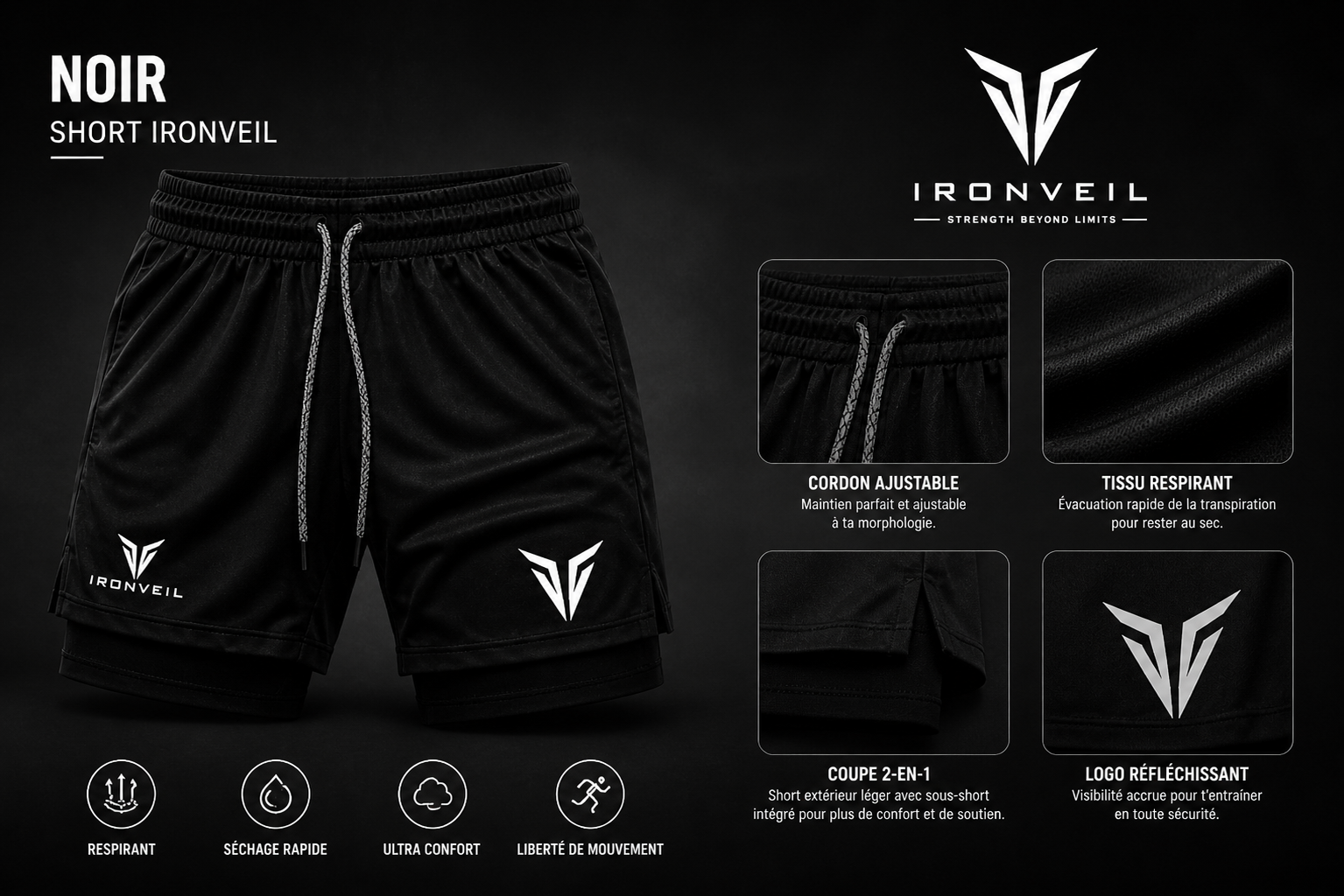 IRONVEIL Short Running 2-en-1 Homme – Double Couche & Ultra Confortable