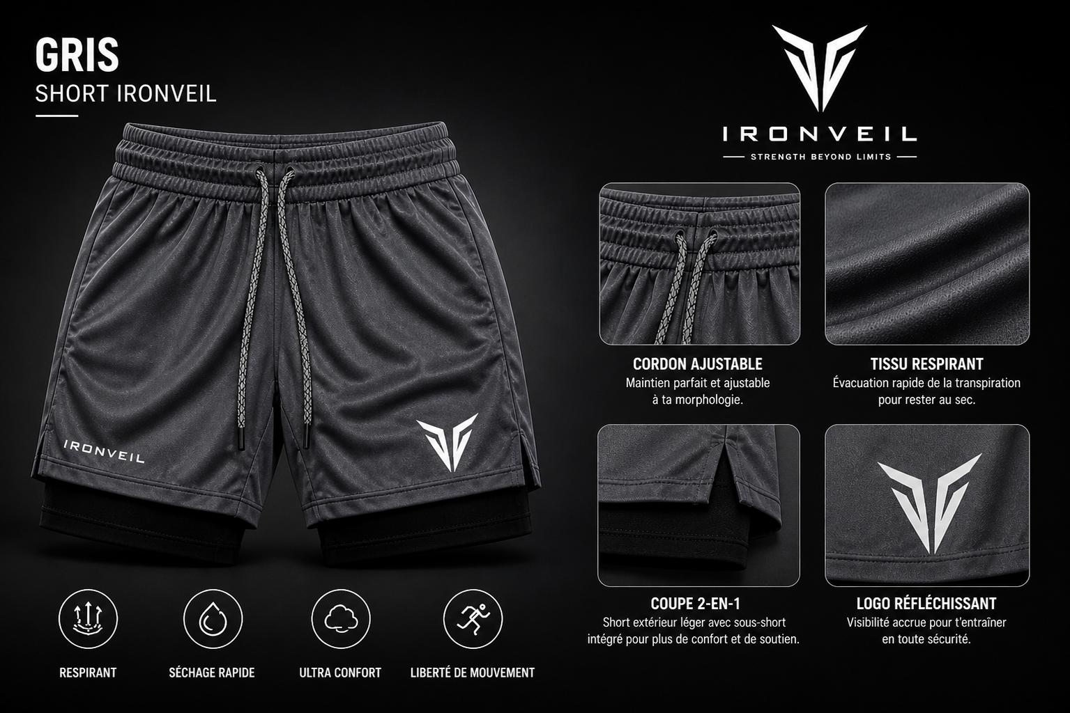 IRONVEIL Short Running 2-en-1 Homme – Double Couche & Ultra Confortable